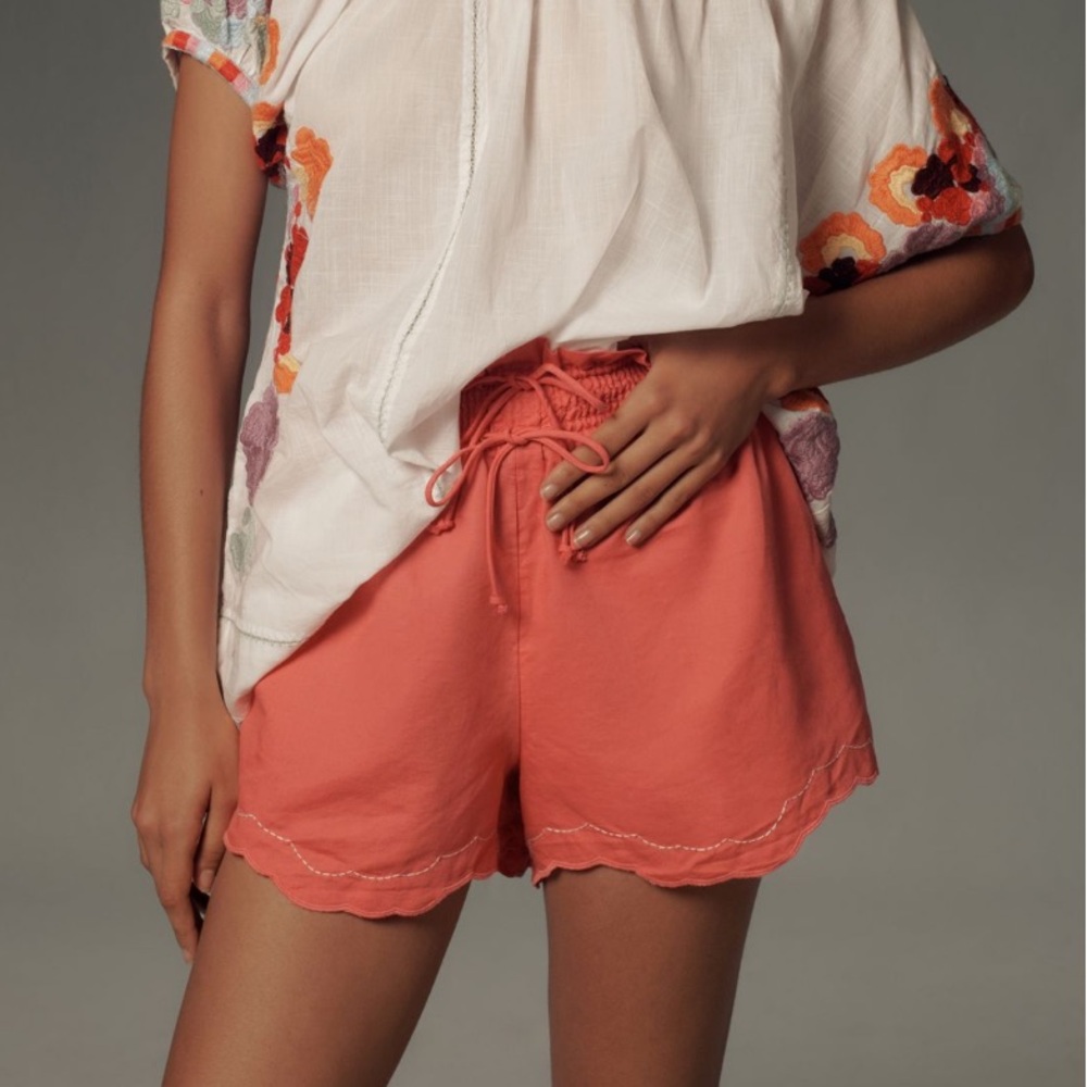 Anthropologie Coral Scalloped Drawstring Shorts